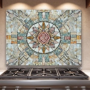 May include: A decorative kitchen backsplash with a mosaic design. The mosaic features a central rose surrounded by geometric patterns in shades of gray, beige, and blue. The backsplash is installed above a stainless steel gas range.