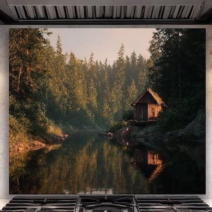 Lake Cabin Forest Glass Backsplash, Rustic Kitchen Wall Art, Heat Resistant