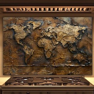Copper Vintage World Map Glass Backsplash, Rustic Travel Kitchen Wall Panel, Tempered Glass