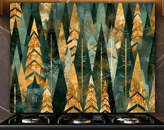 Scandi Geometric Forest Backsplash, Green Gold Pine Trees Kitchen Panel