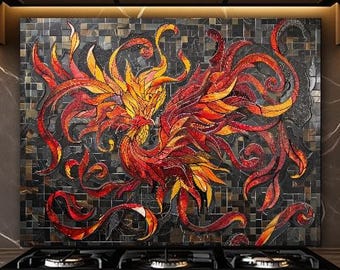 Phoenix Glass Backsplash, Fire Bird Mosaic Kitchen Splashback, Luxury Stove Wall Art