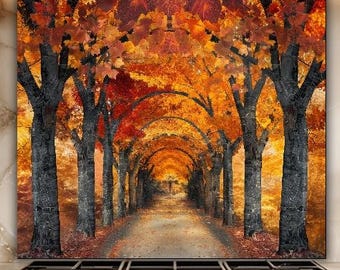 Autumn Forest Glass Backsplash, Fall Tree Tunnel Kitchen Wall Art, Stove Splash