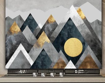 Abstract Mountain Glass Backsplash, Modern Gold Gray Kitchen Splashback Art