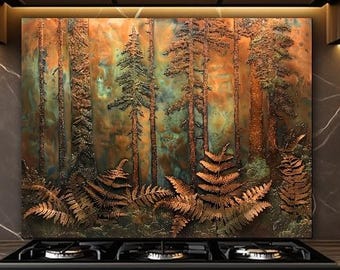 Forest Glass Backsplash, Woodland Kitchen Splashback, Copper Green Nature Stove Art