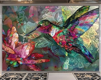 Hummingbird Lotus Glass Backsplash, Colorful Floral Kitchen Splashback Art