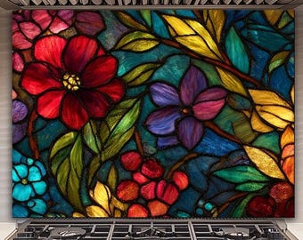 Luxury Floral Stained Glass Backsplash, Colorful Kitchen Stove Wall Panel