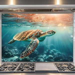Sea Turtle Glass Backsplash, Ocean Kitchen Wall Art, Underwater Stove Decor