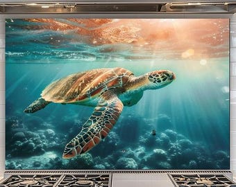 Sea Turtle Glass Backsplash, Ocean Kitchen Wall Art, Underwater Stove Decor