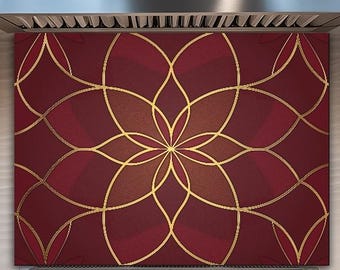 Gold Mandala Glass Backsplash, Burgundy Geometric Kitchen Splashback, Luxury Art