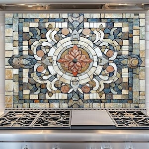 Mediterranean Mosaic Glass Backsplash, Vintage Tile Style Kitchen Stove Wall Panel