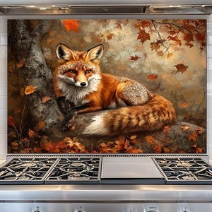 May include: A kitchen splashback with a painting of a red fox resting on a rock near a tree. The artwork has a warm colour palette with autumn leaves and a soft, blurred background.