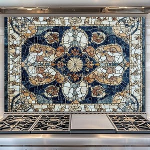 May include: A stainless steel gas range with a decorative mosaic backsplash in blue, brown, and white. The backsplash is installed behind the range, beneath a stainless steel extractor hood.