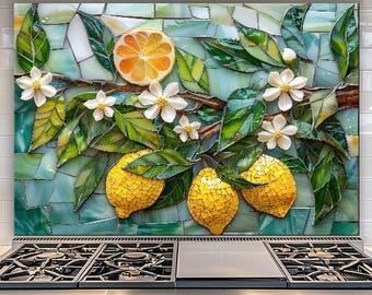 Lemon Mosaic Glass Backsplash, Mediterranean Kitchen Splashback, Floral Art