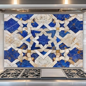 Moroccan Tile Glass Backsplash, Blue White Geometric Kitchen Splashback Art