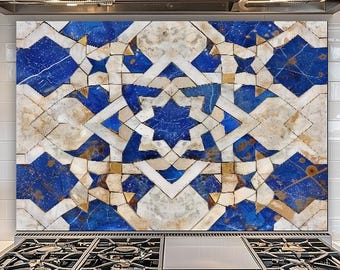 Moroccan Tile Glass Backsplash, Blue White Geometric Kitchen Splashback Art