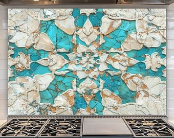 Turquoise Mosaic Glass Backsplash, Abstract Stone Kitchen Splashback, Modern Art