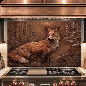 Copper Fox Glass Backsplash, Rustic Wildlife Kitchen Wall Art, Forest Animal Stove Decor