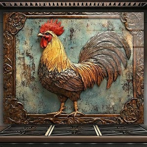 Rooster Glass Kitchen Backsplash, Copper Farmhouse Rustic Wall Art Panel Behind Stove