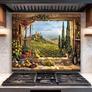May include: A kitchen splashback with a painted Tuscan vineyard scene. The artwork shows a window view of rolling hills, vineyards, and a distant castle. The scene includes lemons, grapes, and potted plants.