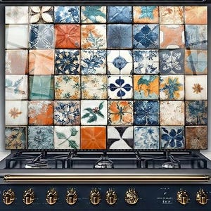 Panel de mosaico mediterráneo para pared, protector contra salpicaduras de cocina con azulejos de vidrio coloridos