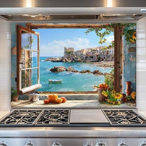 Mediterranean Sea View Glass Backsplash, Coastal Window Stove Splash Guard
