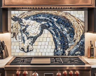 May include: A mosaic tile backsplash featuring a horse's head in shades of blue, white, and tan. The mosaic is set against a backdrop of white square tiles. The image also shows a copper range hood and a stainless steel gas range.