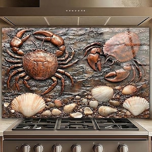 Copper Crab Glass Kitchen Backsplash, Coastal Sea Shell Wall Art Panel Behind Stove