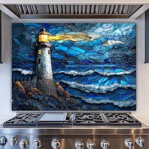Panel de cocina de vidrio templado con mosaico de faro costero y océano
