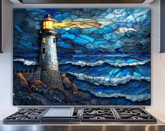 Coastal Lighthouse Ocean Mosaic Tempered Glass Backsplash Kitchen Panel