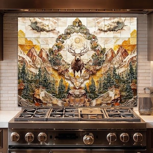 Kitchen Glass Backsplash, Custom Stove Panel, Rustic Elk Mountain Forest Decor