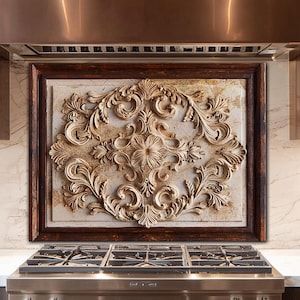 Rustic Baroque Glass Backsplash, Carved Stone Look Stove Panel, Heat Resistant