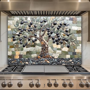 Olive Tree Mosaic Glass Backsplash, Mediterranean Stone Look Stove Splash Guard