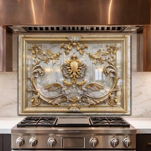 Royal Gold Baroque Glass Backsplash, Marble Winged Crest Stove Panel, Heat Resistant
