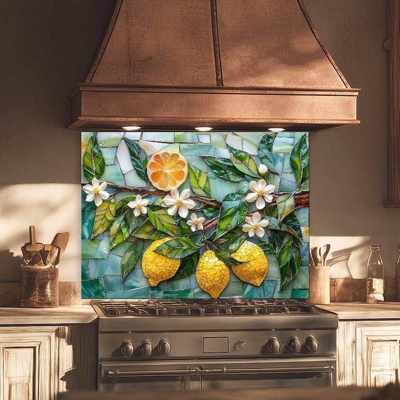 Lemon Splashbacks Lemon Mosaic Glass Backsplash, Mediterranean Kitchen Splashback, Floral ...