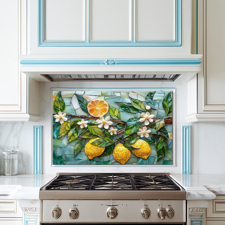 Lemon Splashbacks Lemon Mosaic Glass Backsplash, Mediterranean Kitchen Splashback, Floral ...