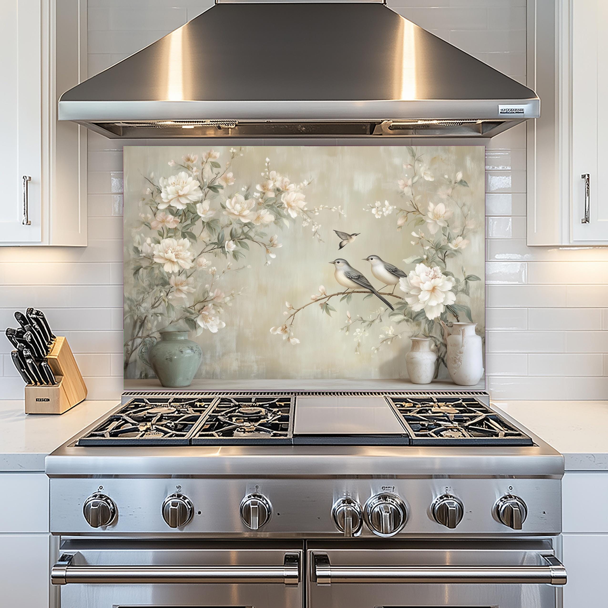 Neutral Kitchen Splash Back Neutral Floral Birds Tempered Glass Backsplash, Heat Resistant Kitchen ...