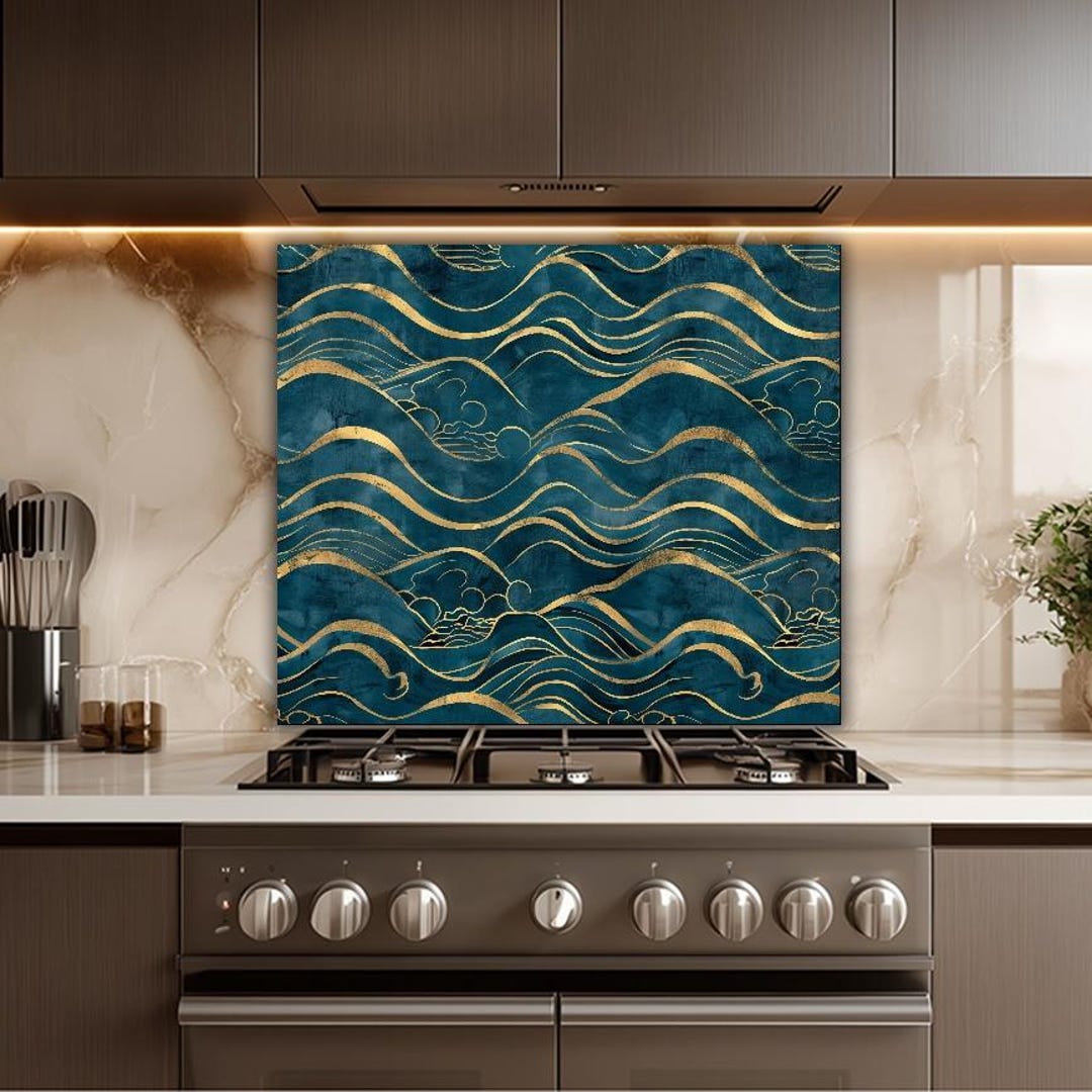 Gold Wave Glass Backsplash, Teal Blue Kitchen Splashback, Luxury ...