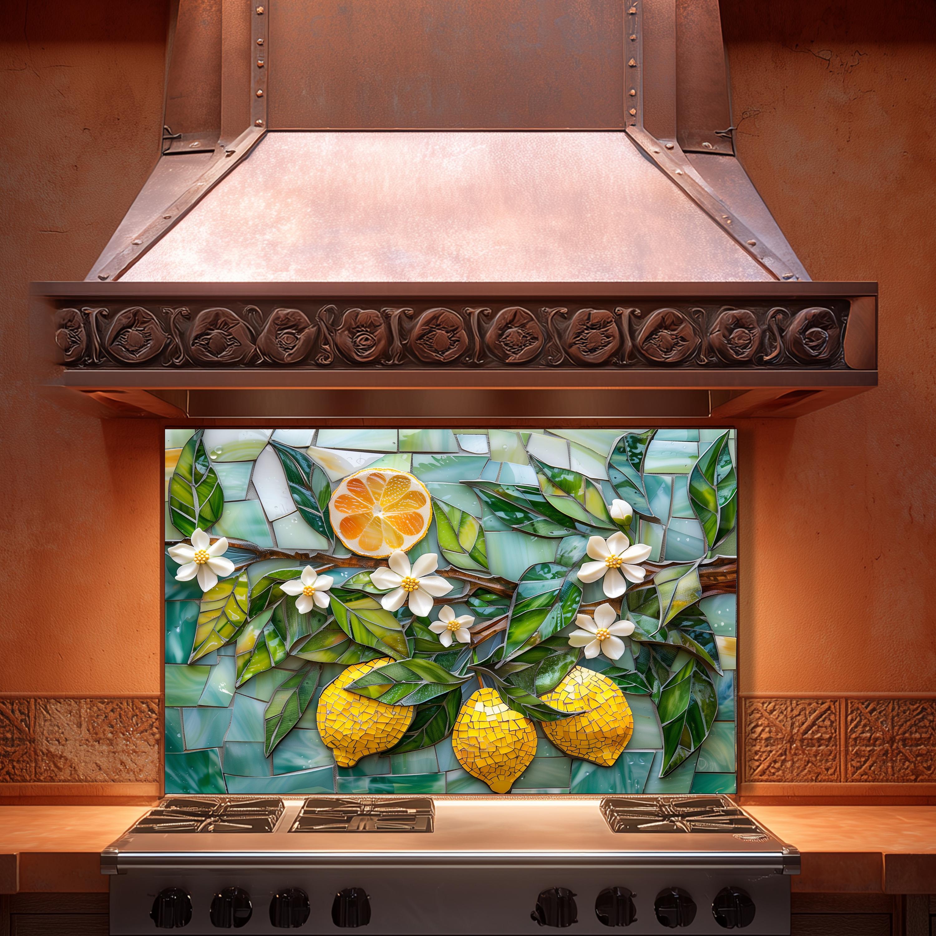 Lemon Splashbacks Lemon Mosaic Glass Backsplash, Mediterranean Kitchen Splashback, Floral ...