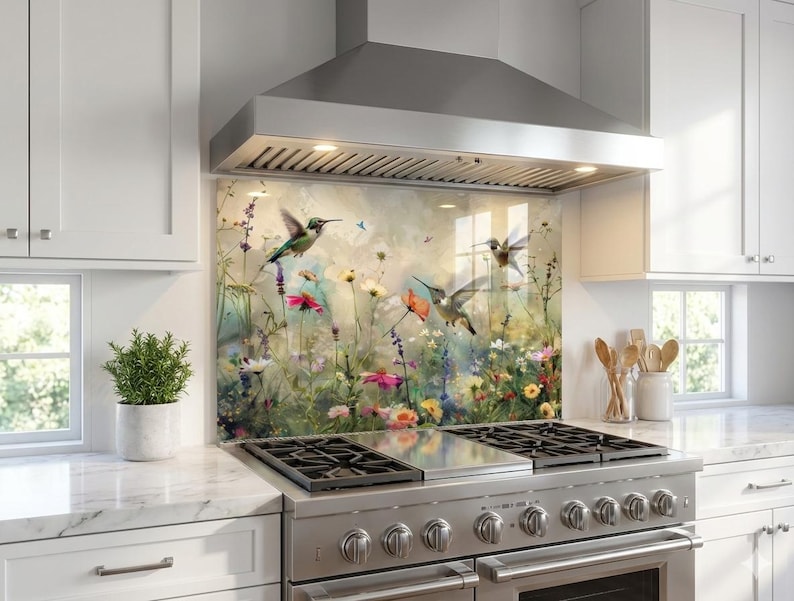 Hummingbird Glass Backsplash, Floral Nature Kitchen Wall Panel ...