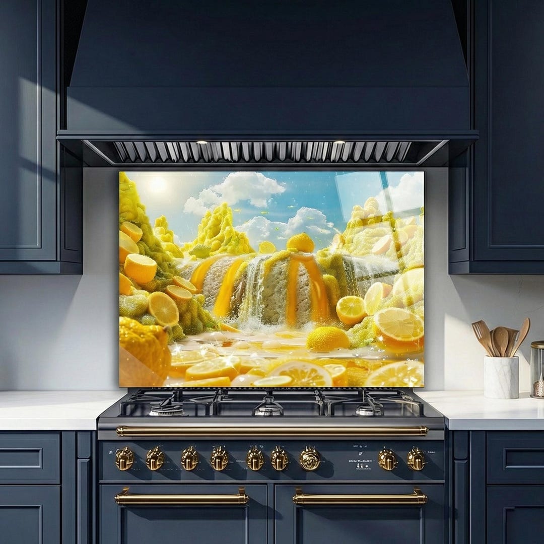 Lemon Splashbacks Lemon Waterfall Tempered Glass Backsplash, Heat Resistant Kitchen Wall ...