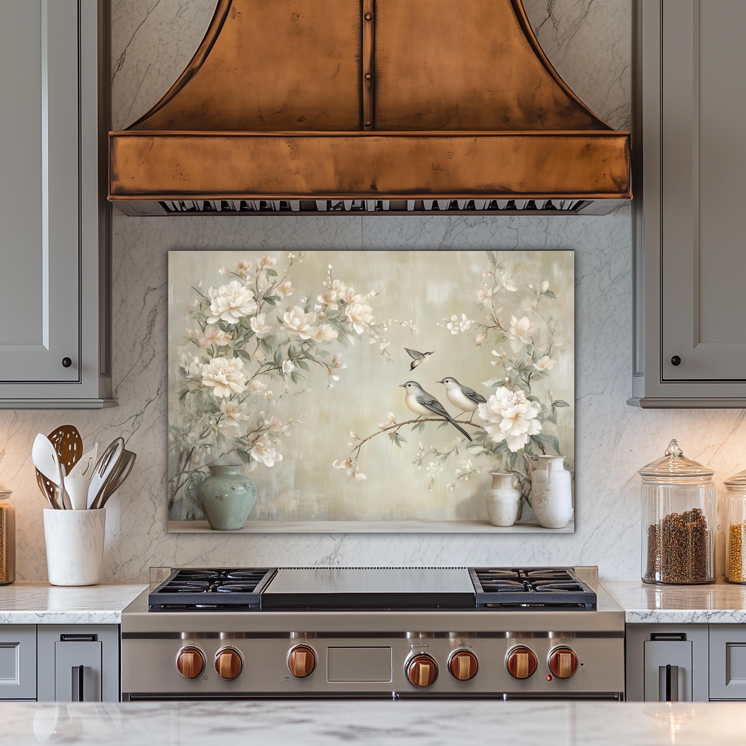 Neutral Kitchen Splash Back Neutral Floral Birds Tempered Glass Backsplash, Heat Resistant Kitchen ...