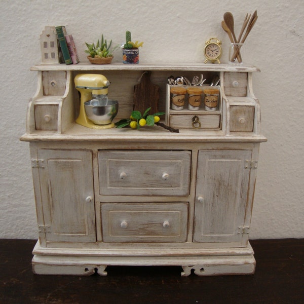 dollhouse miniature furniture in walnut wood. decorated white shabby chic