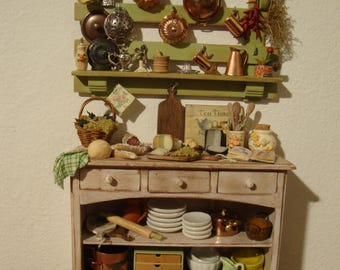 dollhouse,  miniature, furniture, and, kitchen panel, in wood. set up with items for kitchens