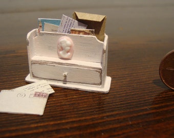 dollhouse miniature, wooden letter rack  with envelopes and postcards 1/12 scale