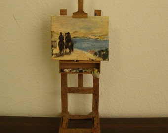 dollhouse miniature   painter's easel . walnut wood 1/12 scale with hand-painted canvas