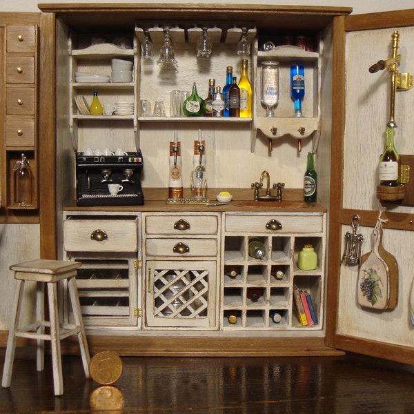 OOAK Dollhouse MINIATURE.  a functional " bar in a cupboard "Italian style. full of objects  1:12 scale