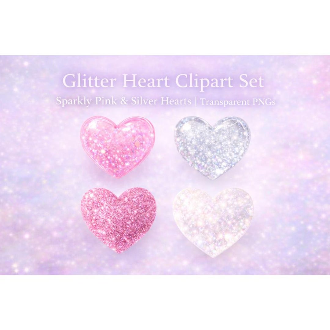 Heart Clipart Set – 4 Glitter Hearts, Pink & Silver Sparkle ...