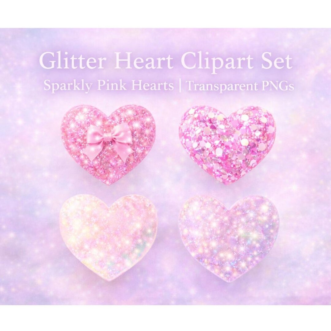 Heart Clipart Set – 4 Glitter Hearts PNG | Pink Sparkle, Ribbon, Aurora ...