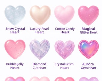 12-teilige Kollektion mädchenhafter Herz-Icons | Jelly, Perle, Kristallschliff, Aurora, Glitzer (Transparentes PNG)