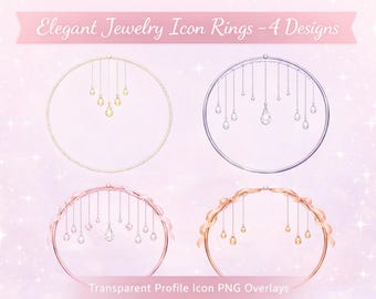 Elegantes Schmuck-Icon-Ring-Set (4 Designs) – Tropfen- und Perlenrahmen (PNG), transparentes Profil-Icon-Overlay
